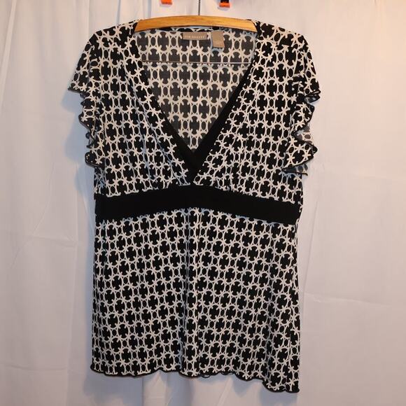 Karen Scott Top, V neck Crossover Bodice Flutter Sleeves High Waist Black Accent - Picture 16 of 16